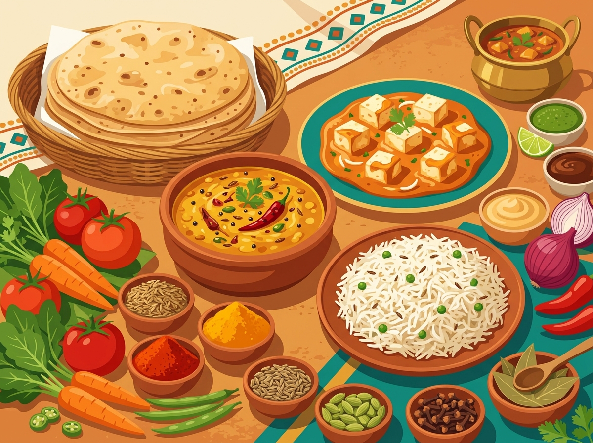 Traditional Indian food including rotis, dal, paneer, rice and spices — nutrition calculator
